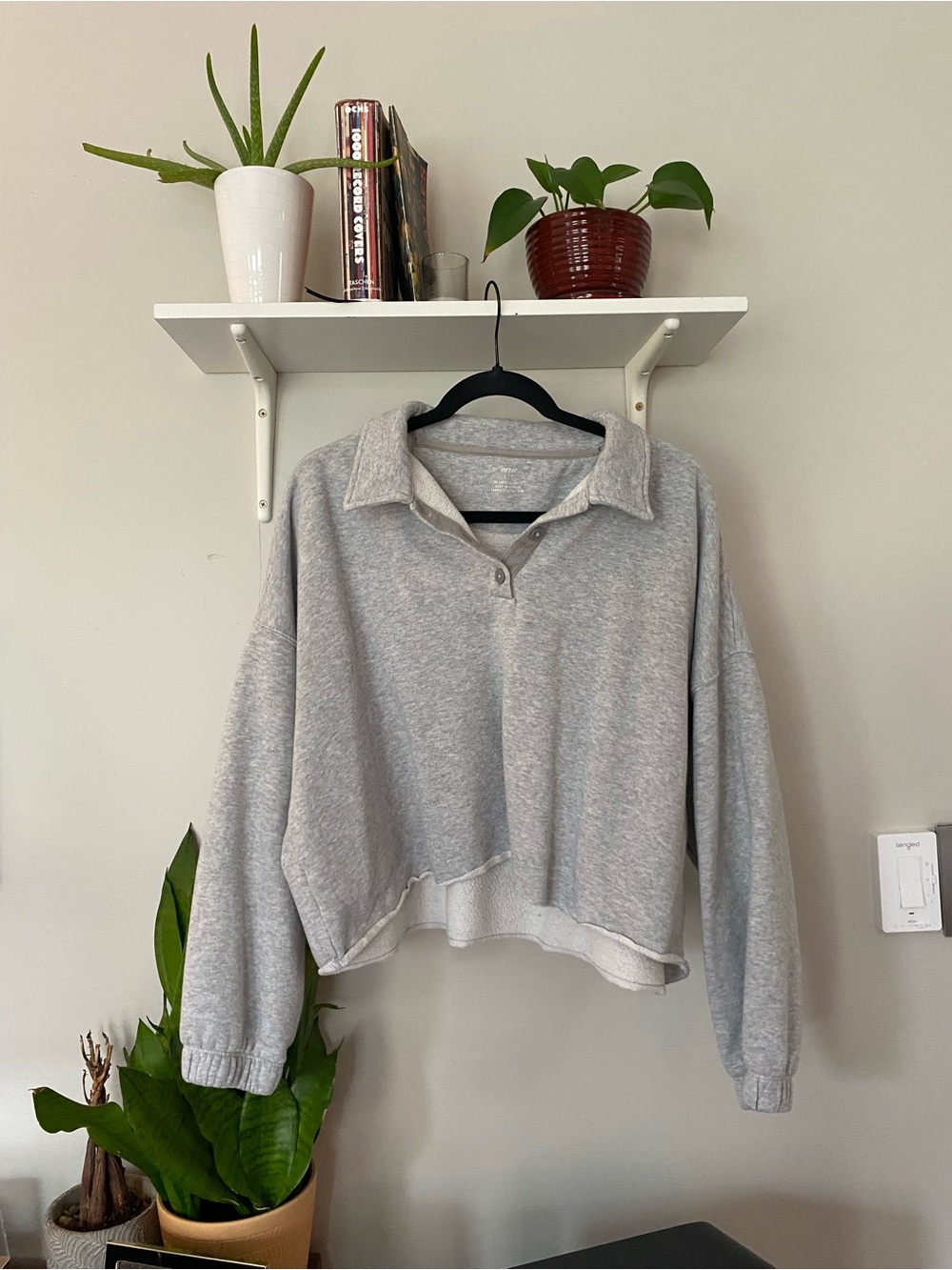 aerie Light Gray Cropped Collared Pullover